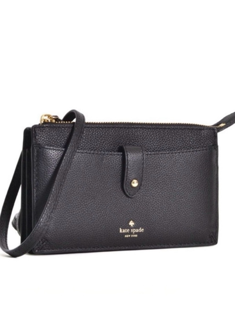 kate spade Black Pebbled Leather Crossbody Wallet with Gold Hardware